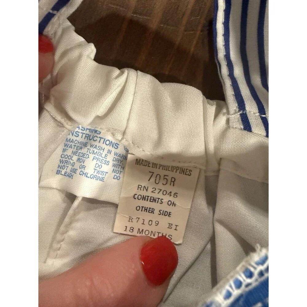 18M VINTAGE Blue/White Striped Nautical Romper Snap Cotton RN 27046